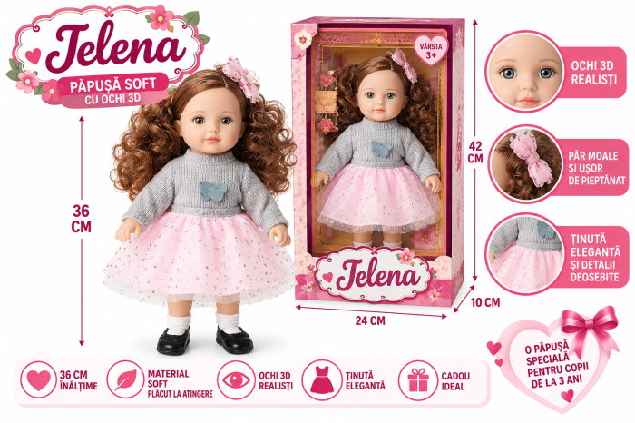 Papusa Jelena 36 cm, Corp Moale, Ochi 3D, Rochita Roz [2]