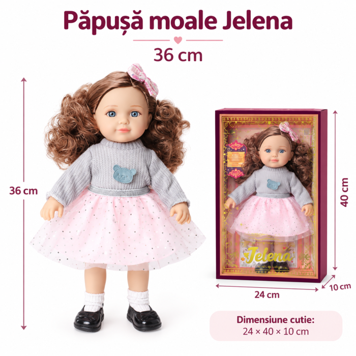 Papusa Jelena 36 cm, Corp Moale, Ochi 3D, Rochita Roz [3]