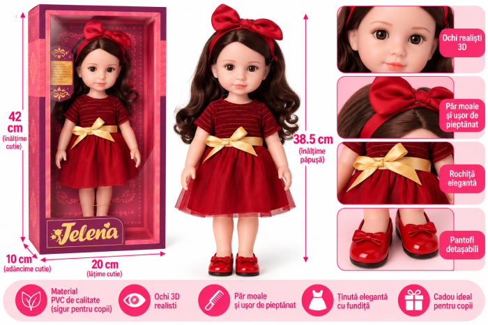 Papusa Jelena 38,5 cm, 100% PVC, Rochita Rosie, Funda [2]