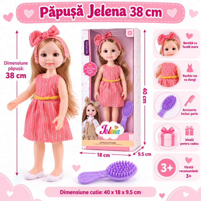 Papusa Jelena 38 cm, Rochita cu Dungi, Bentita, Perie Inclusa [2]