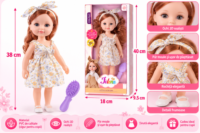 Papusa Jelena 38 cm, Rochita Florala, cu Perie Inclusa [2]