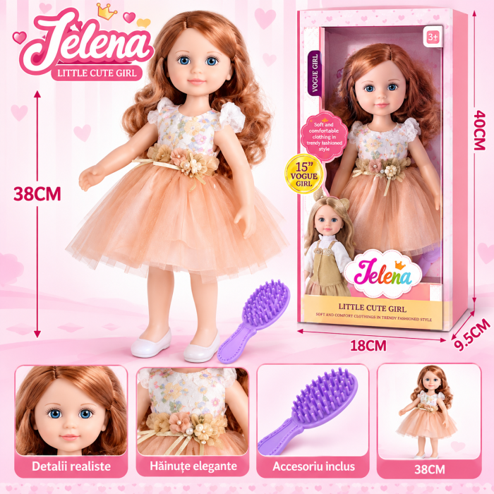 Papusa Jelena 38 cm, Rochita Tul Somon, cu Perie Inclusa [2]