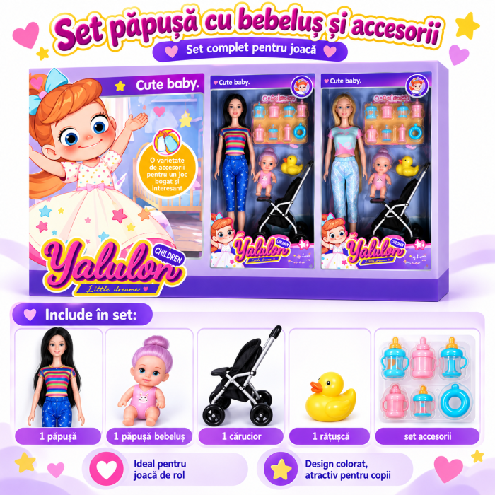 Papusa Mama cu Bebelus, Carucior si Accesorii, 33 cm [3]