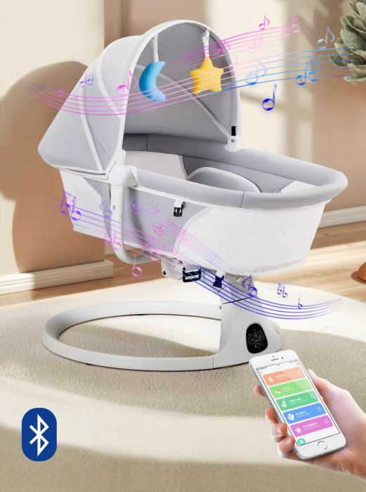 Leagan Electric pentru Bebelusi Bej 2 in 1 – Balansoar, Functie Muzicala, Bluetooth, Telecomanda [6]