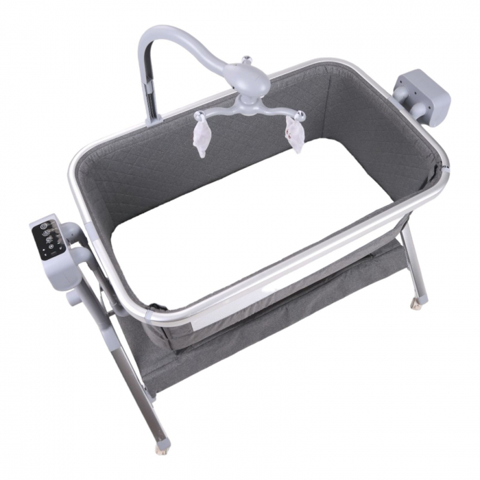 Patut Gri Co-Sleeper Electric cu Functie de Leganat, Telecomanda, Carusel [6]