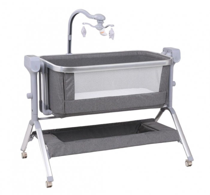 Patut Gri Co-Sleeper Electric cu Functie de Leganat, Telecomanda, Carusel [2]