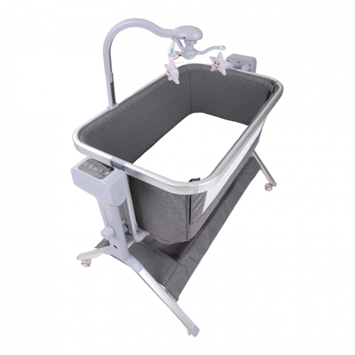 Patut Gri Co-Sleeper Electric cu Functie de Leganat, Telecomanda, Carusel [7]