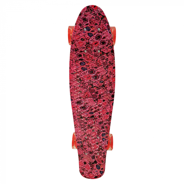 Penny Board cu roți de silicon și lumini integrate, rosu cu imprimeu cu cranii [2]