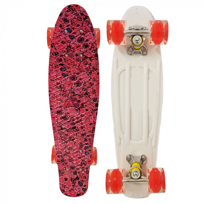 Penny Board cu roți de silicon și lumini integrate, rosu cu imprimeu cu cranii [3]