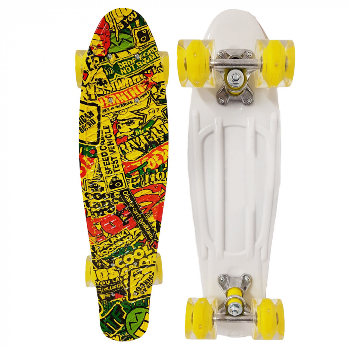 Penny Board cu roți de silicon și lumini integrate Galben cu imprimeu [2]