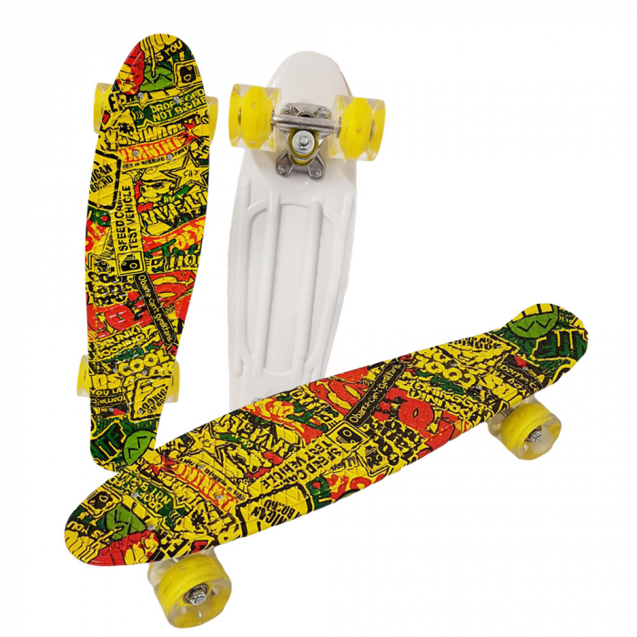 Penny Board cu roți de silicon și lumini integrate Galben cu imprimeu [3]