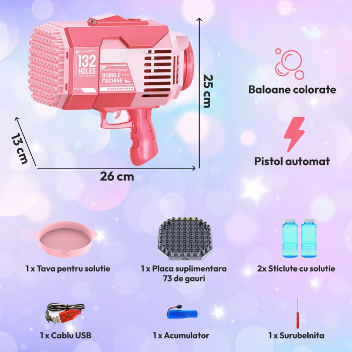 Pistol Baloane de Sapun Bubble Rocket Roz 2 Capete Lumina Acumulator [5]