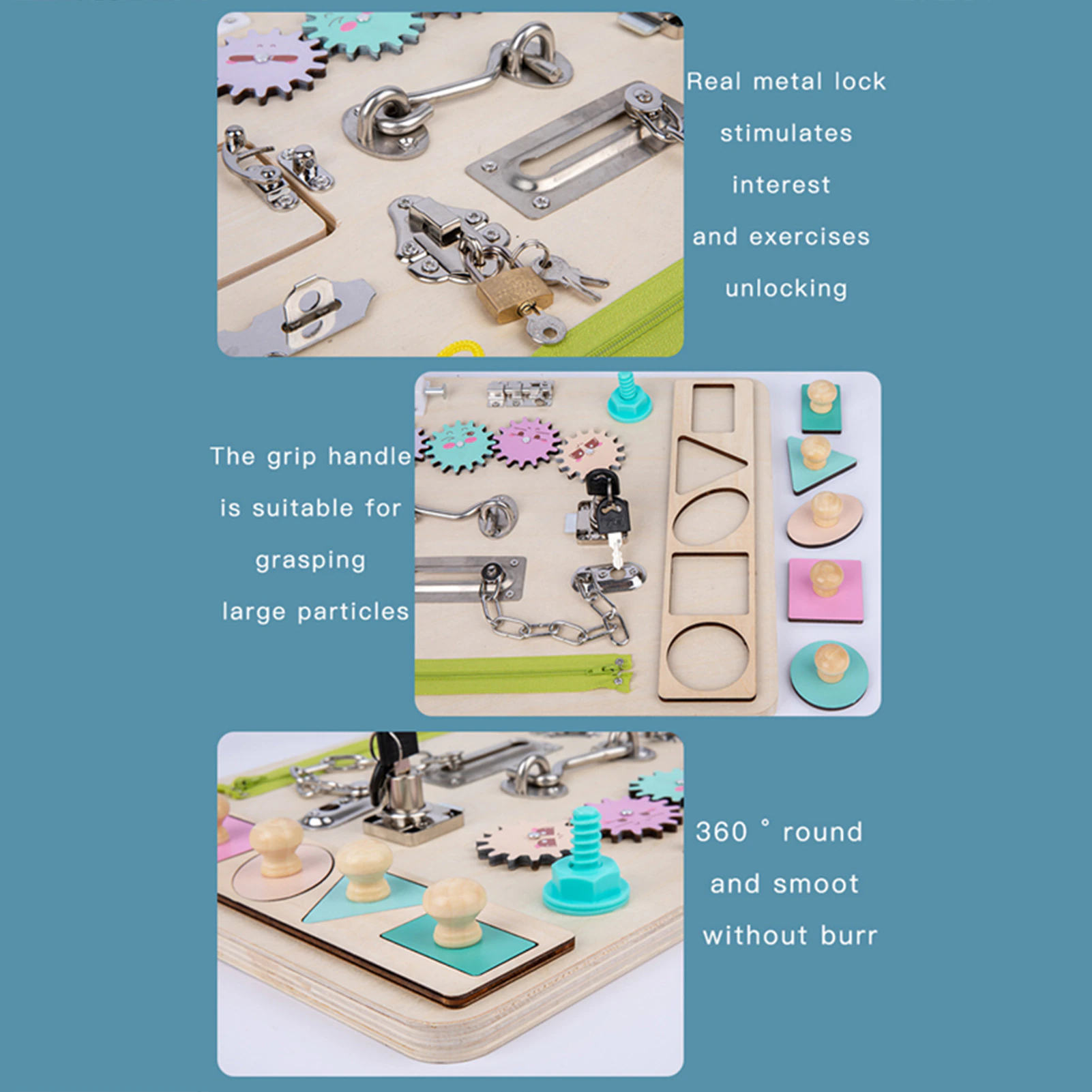 Placa Senzoriala Montessori cu Incuietori si Forme Geometrice - 14 Activitati Educative [6]