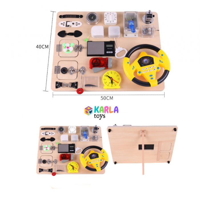 Placa Lemn Senzoriala Incuietori Montessori Busy Board cu Volan [3]