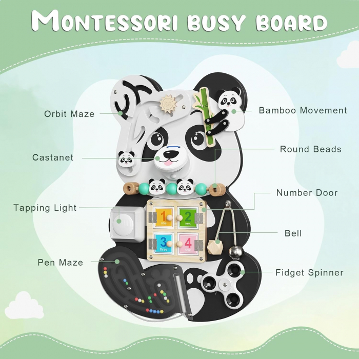 Placa Montessori de Activitati 9 in 1 Panda Busy Board - Jucarie Senzoriala din Lemn [4]