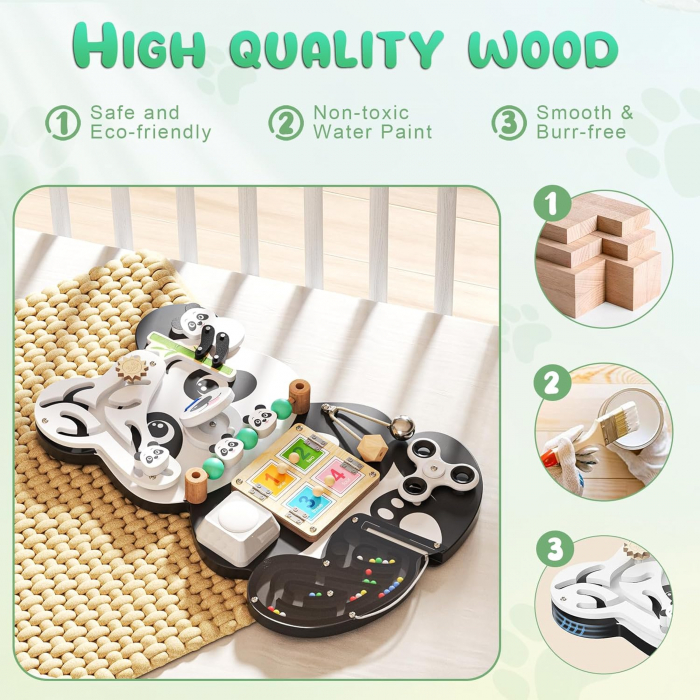 Placa Montessori de Activitati 9 in 1 Panda Busy Board - Jucarie Senzoriala din Lemn [3]