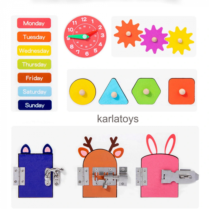 Placa Activitatii Incuietori Montessori Busy Board Ceas si Calendar [4]