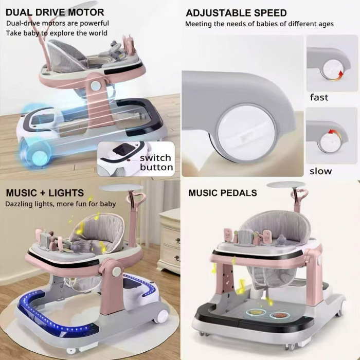 Premergator electric multifunctional pentru bebelusi cu telecomanda muzica, lumini 3 in 1 Reglabil Roz [3]