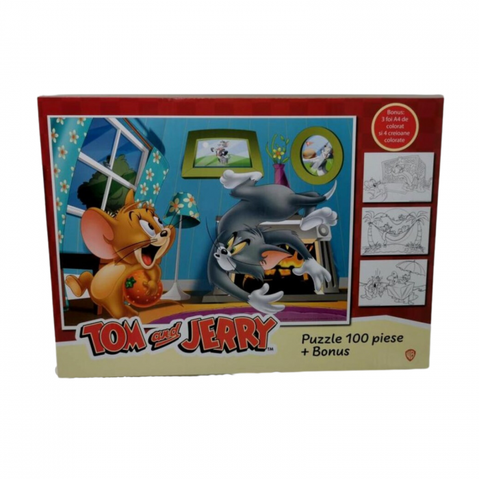 Puzzle 100 pieseTom si Jerry + Cadou 4 creioane colorate si 3 foi A4 de colorat [1]