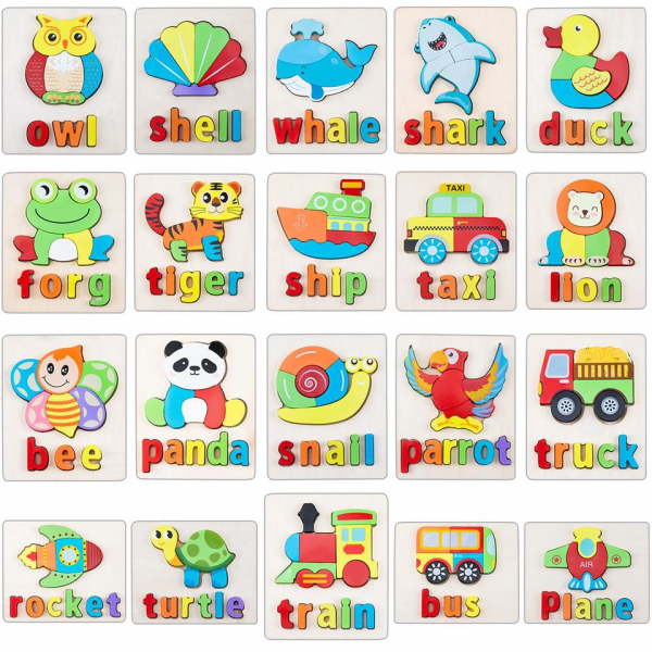 Set 2 Puzzle Educational din Lemn 3D Imagini cuvinte in Engleza. [2]