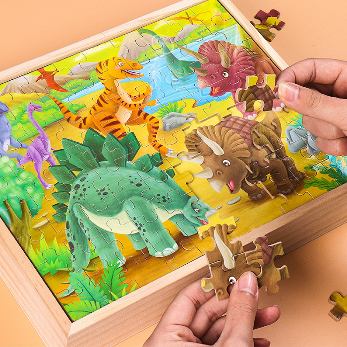 Joc Puzzle din lemn Dinozauri 4 in 1 cu cutie [2]