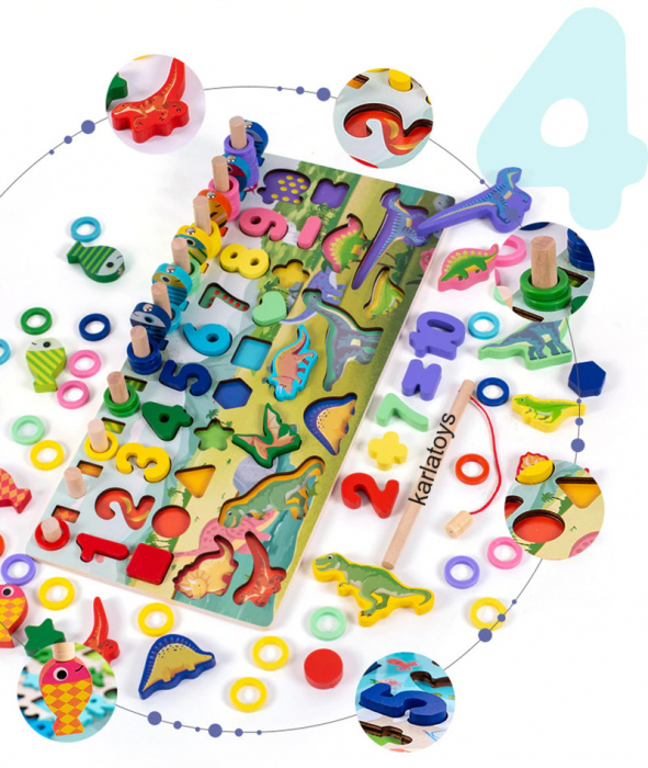 Joc Montessori Puzzle Dinozauri 5 in 1 Joc logaritmic, joc pescuit, Cifre, Forme Geometrice [2]