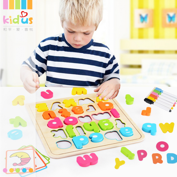 Puzzle incastru Alfabet litere mic din lemn cu Marker Kidus [4]