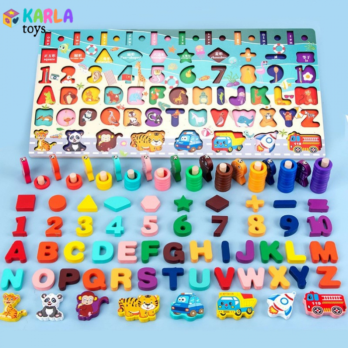 Joc Montessori din Lemn Puzzle incastru Cifre si Litere 6 in 1 [2]