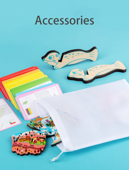 Joc Magnetic Jigsaw Puzzle Harta Lumi din Lemn cu Carduri Educative [7]