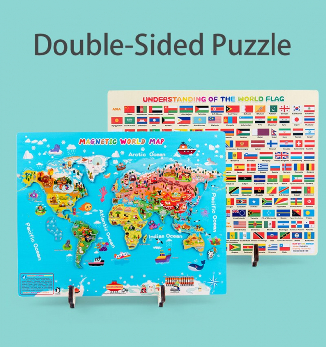 Joc Magnetic Jigsaw Puzzle Harta Lumi din Lemn cu Carduri Educative [5]
