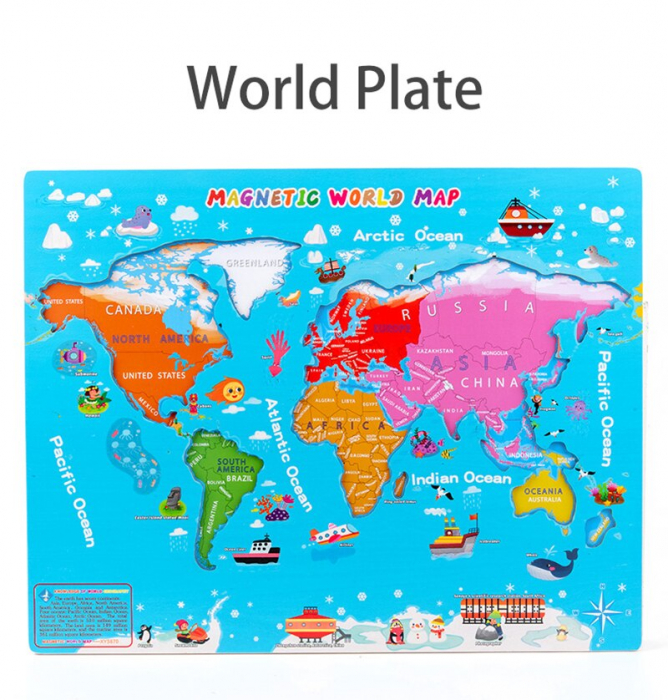 Joc Magnetic Jigsaw Puzzle Harta Lumi din Lemn cu Carduri Educative [4]