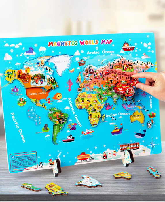 Joc Magnetic Jigsaw Puzzle Harta Lumi din Lemn cu Carduri Educative [3]