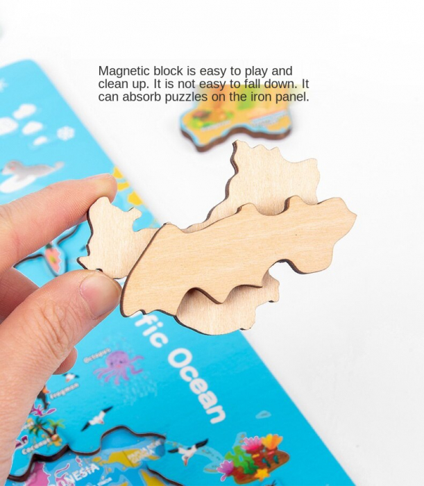 Joc Magnetic Jigsaw Puzzle Harta Lumi din Lemn cu Carduri Educative [10]