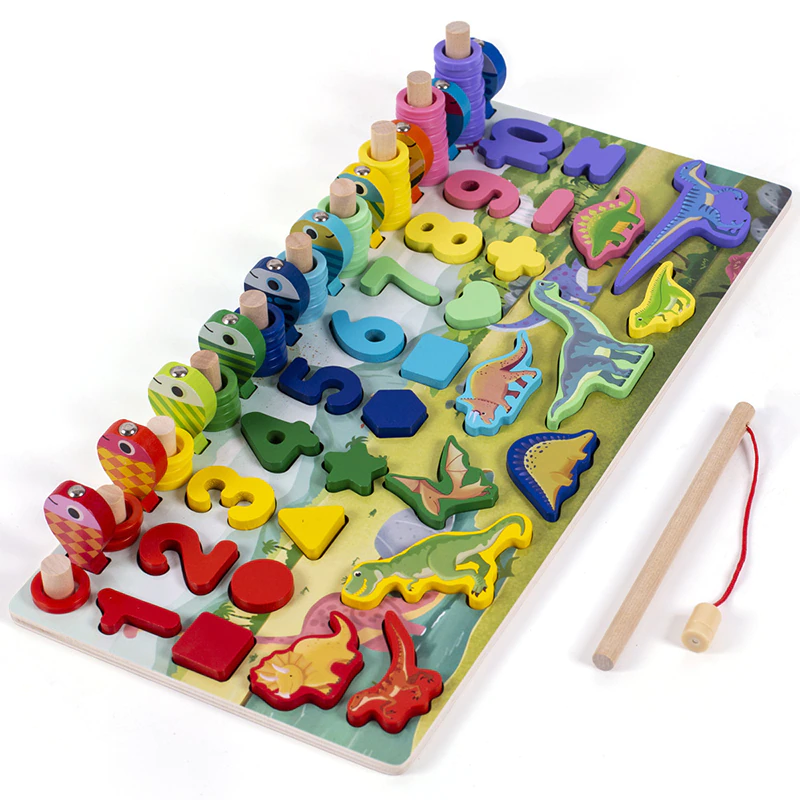 Joc Montessori Puzzle Dinozauri 5 in 1 Joc logaritmic, joc pescuit, Cifre, Forme Geometrice [8]