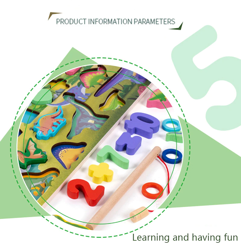 Joc Montessori Puzzle Dinozauri 5 in 1 Joc logaritmic, joc pescuit, Cifre, Forme Geometrice [7]