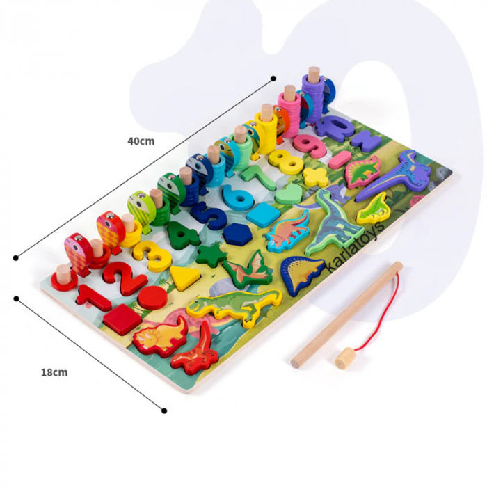 Joc Montessori Puzzle Dinozauri 5 in 1 Joc logaritmic, joc pescuit, Cifre, Forme Geometrice [3]