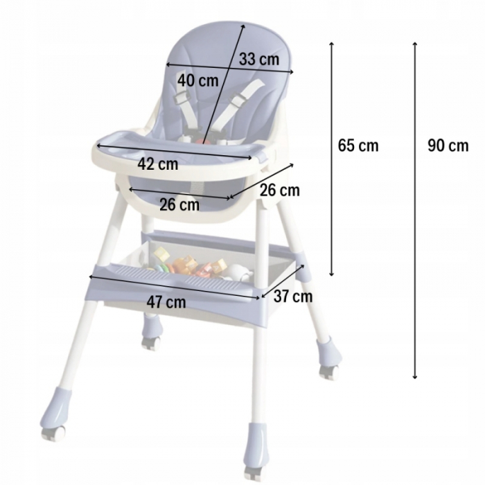 Scaun de masa 2in1 bebe, reglabil si pliabil, piele PU, roti cu frana, Albastru [2]