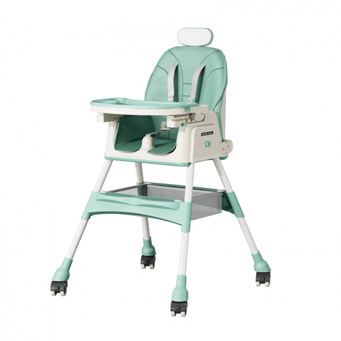 Scaun de masa 2in1 bebe, reglabil si pliabil, piele PU, roti cu frana, Verde [3]