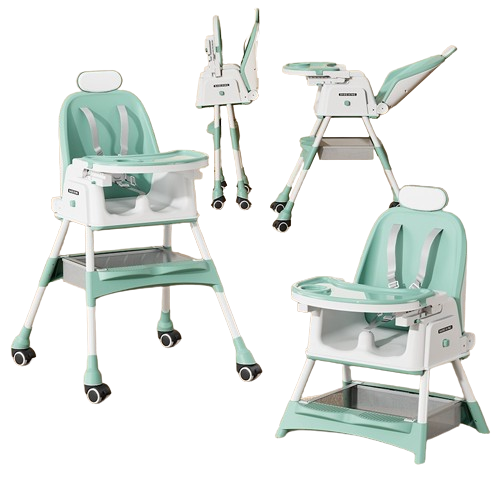 Scaun de masa 2in1 bebe, reglabil si pliabil, piele PU, roti cu frana, Verde [2]