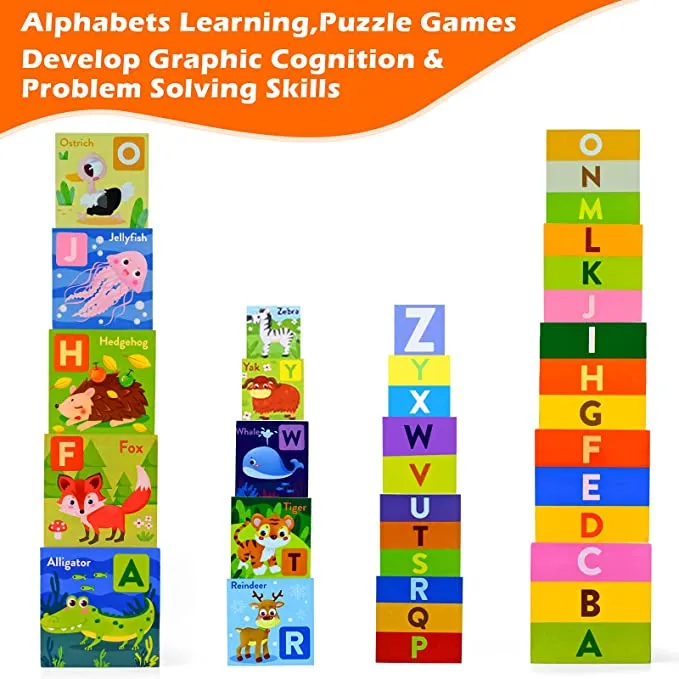 Set 10 Cuburi din Lemn de Stivuit Montessori Animale si Litere [6]