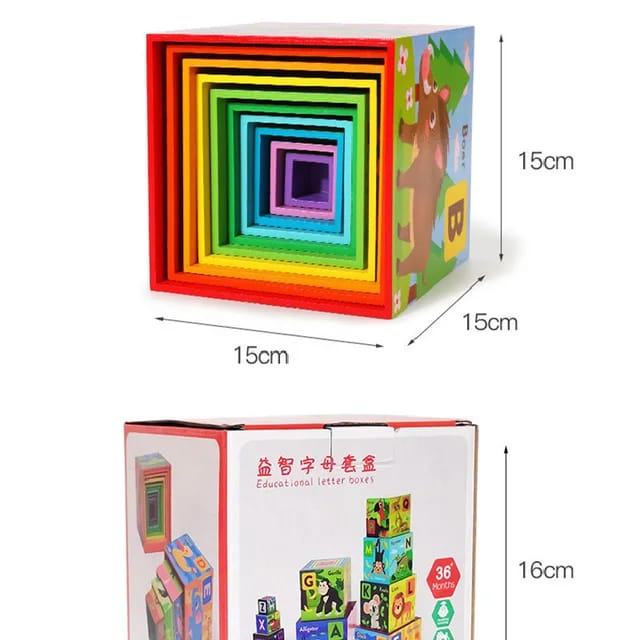 Set 10 Cuburi din Lemn de Stivuit Montessori Animale si Litere [7]