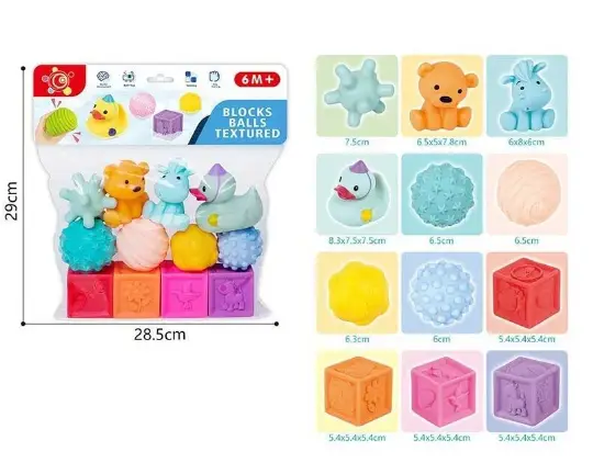 Set 12 Jucarii Senzoriale Bebe – Cuburi Mingi Texturate si Animalute [1]