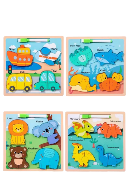 Set 4 Puzzle Incastru 2 in 1 cu Tabla de scris si Marker [2]