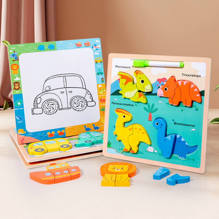 Set 4 Puzzle Incastru 2 in 1 cu Tabla de scris si Marker [3]