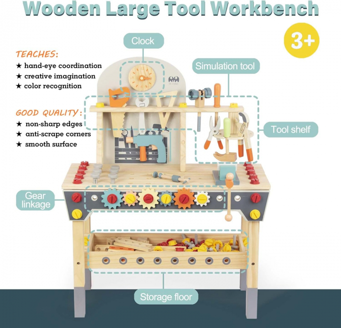 Set banc de scule din lemn pentru copii 51 piese – Jucarie educativa Montessori STEM [3]