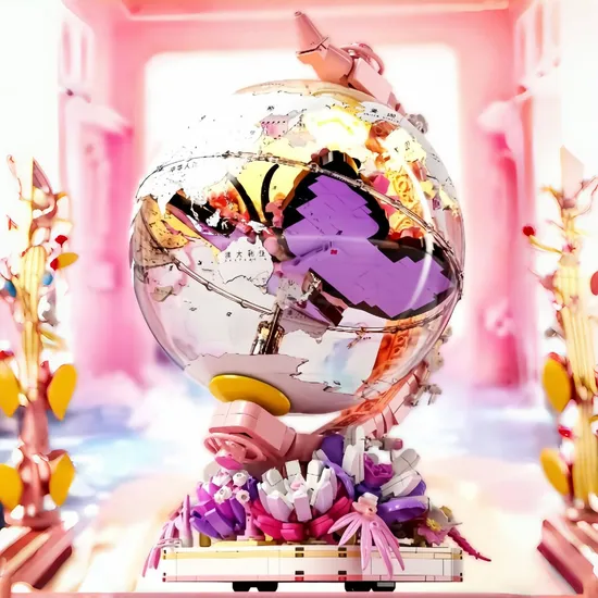 Set de Constructie Puzzle 3D Glob Pamantesc Roz cu Fluture – Joc Educativ Creativ [2]