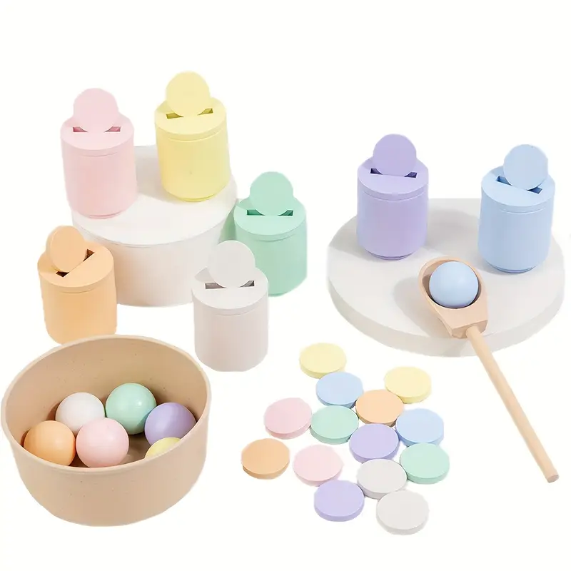 Set Montessori din Lemn – Bile si Cupe Macaron Pastel [4]