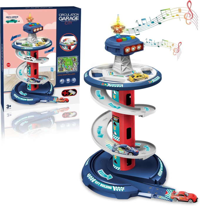 Set Parcare Auto Etajata cu Turn de Control Pista Circulara Rotativa, Lumini si Sunete [3]