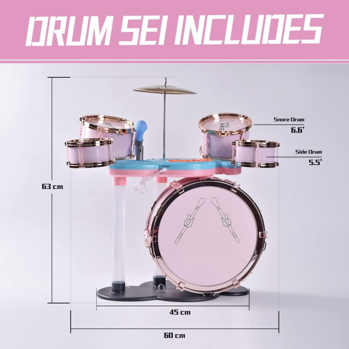 Set Tobe de Jazz Pentru Copii cu Microfon, Cinel, Pedala si Scaunel Roz [3]