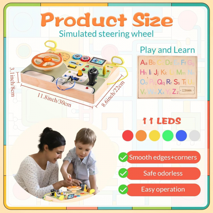 Tabla Busy Board Montessori din Lemn cu Volan și Comutator LED [4]